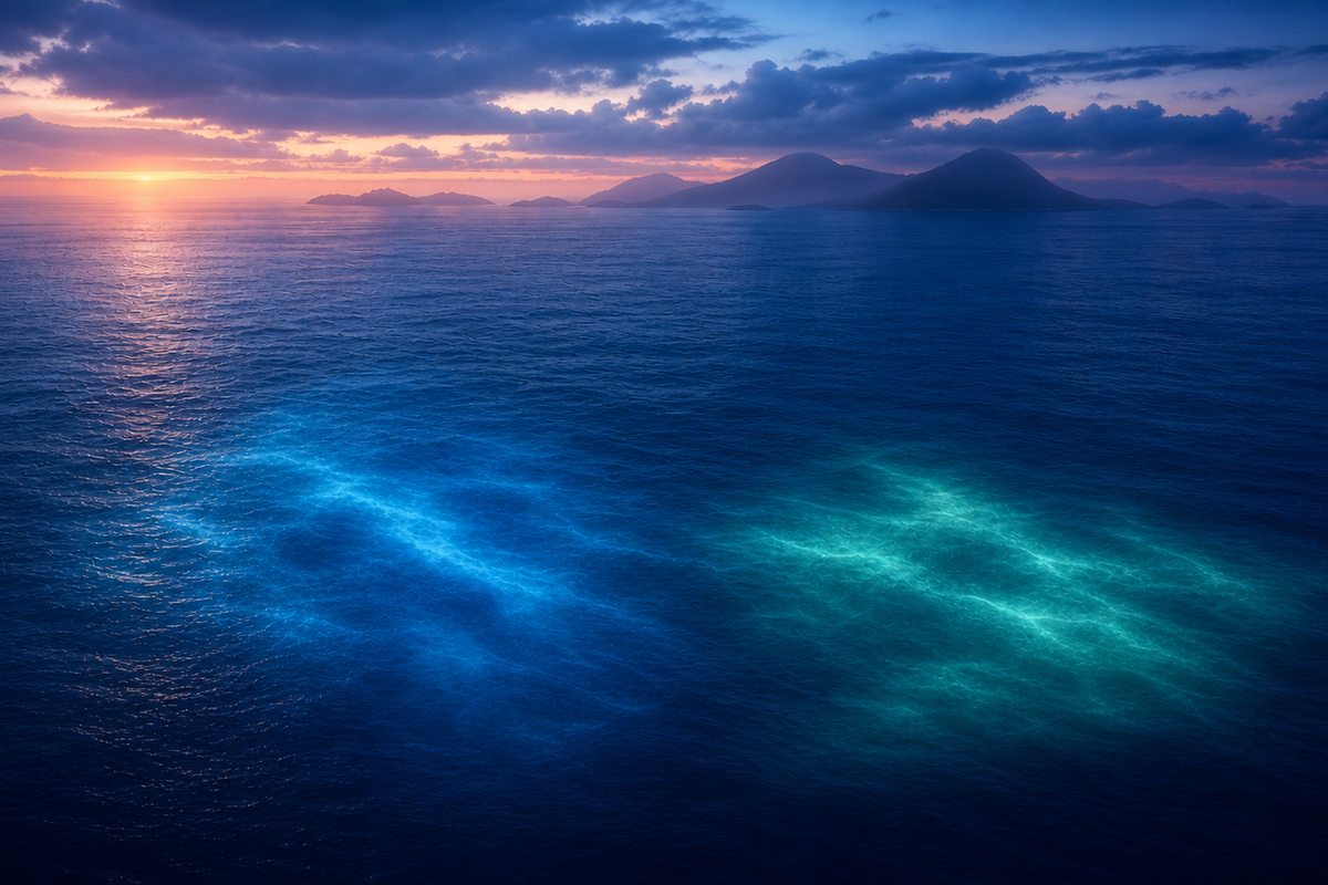 Conceptual AI illustration of two soft underwater light fields in the Pacific at twilight, representing a proposed federal lease-sale process.