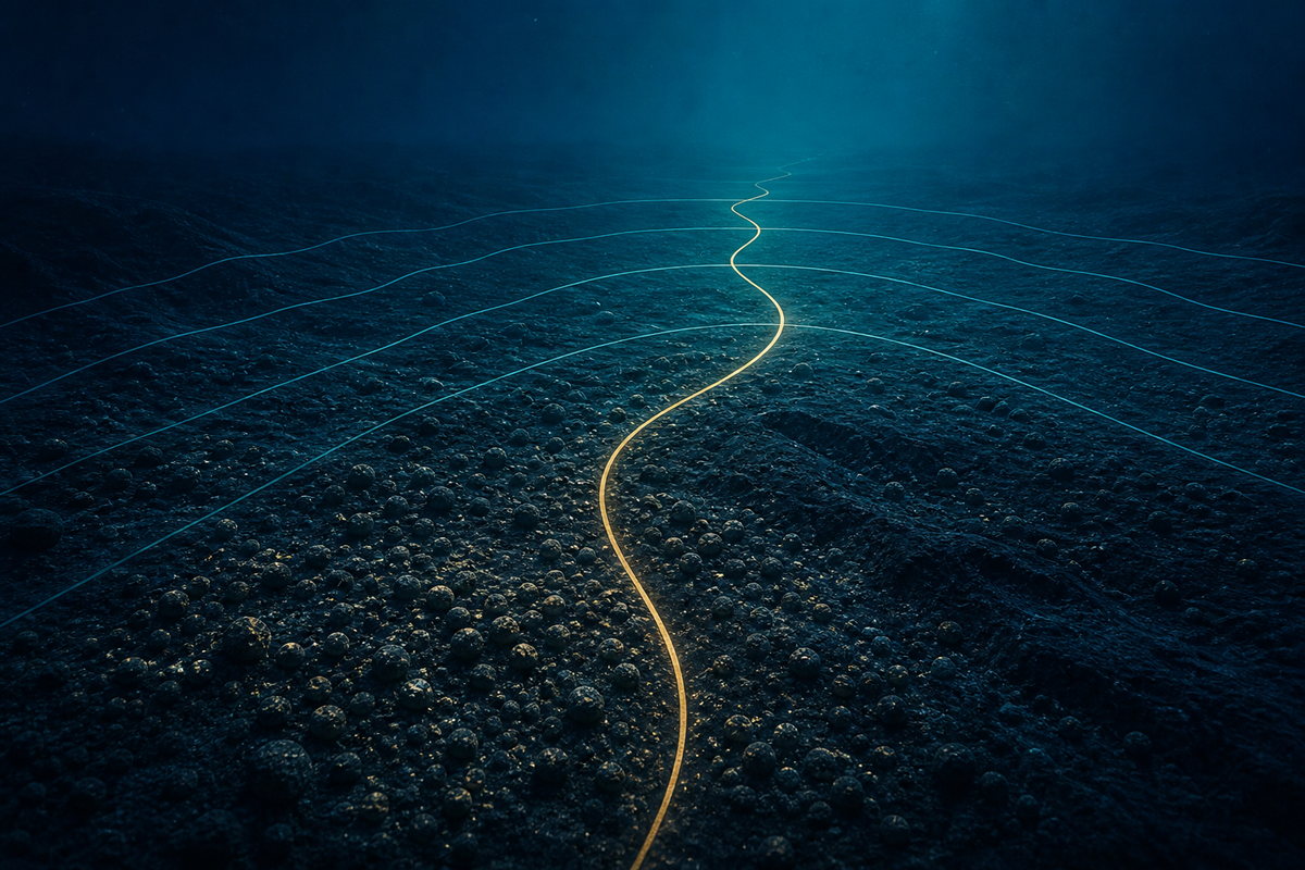 Conceptual AI illustration of a glowing path continuing across an abyssal seabed, representing NORI’s recommended exploration-contract extension.